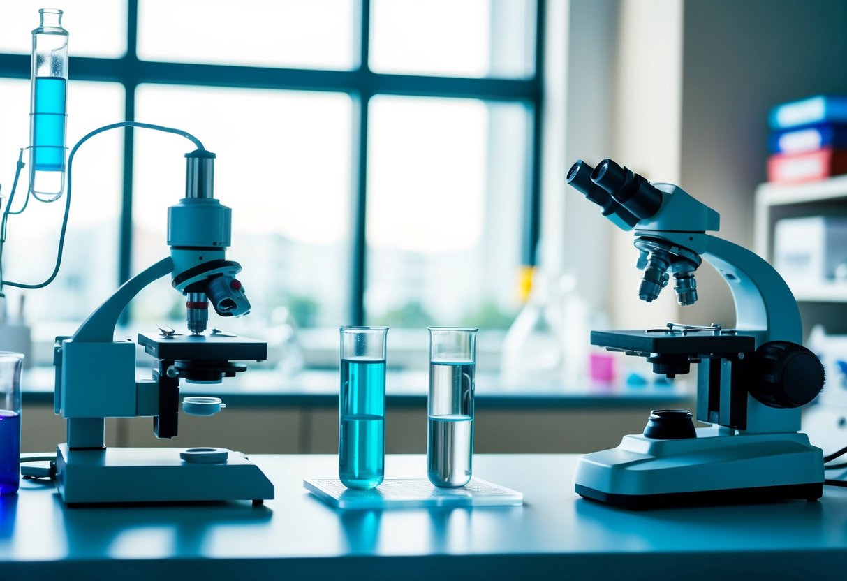 A laboratory setting with a microscope, test tubes, and scientific equipment. A graph showing the effects of GLP-1 receptor agonism and the incretin effect