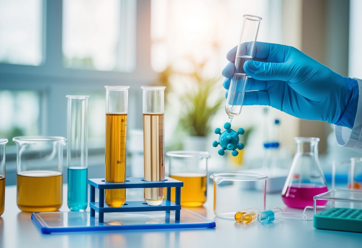 A laboratory setting with test tubes, beakers, and scientific equipment, with a focus on a molecular model of the GLP-1 receptor and incretin effect