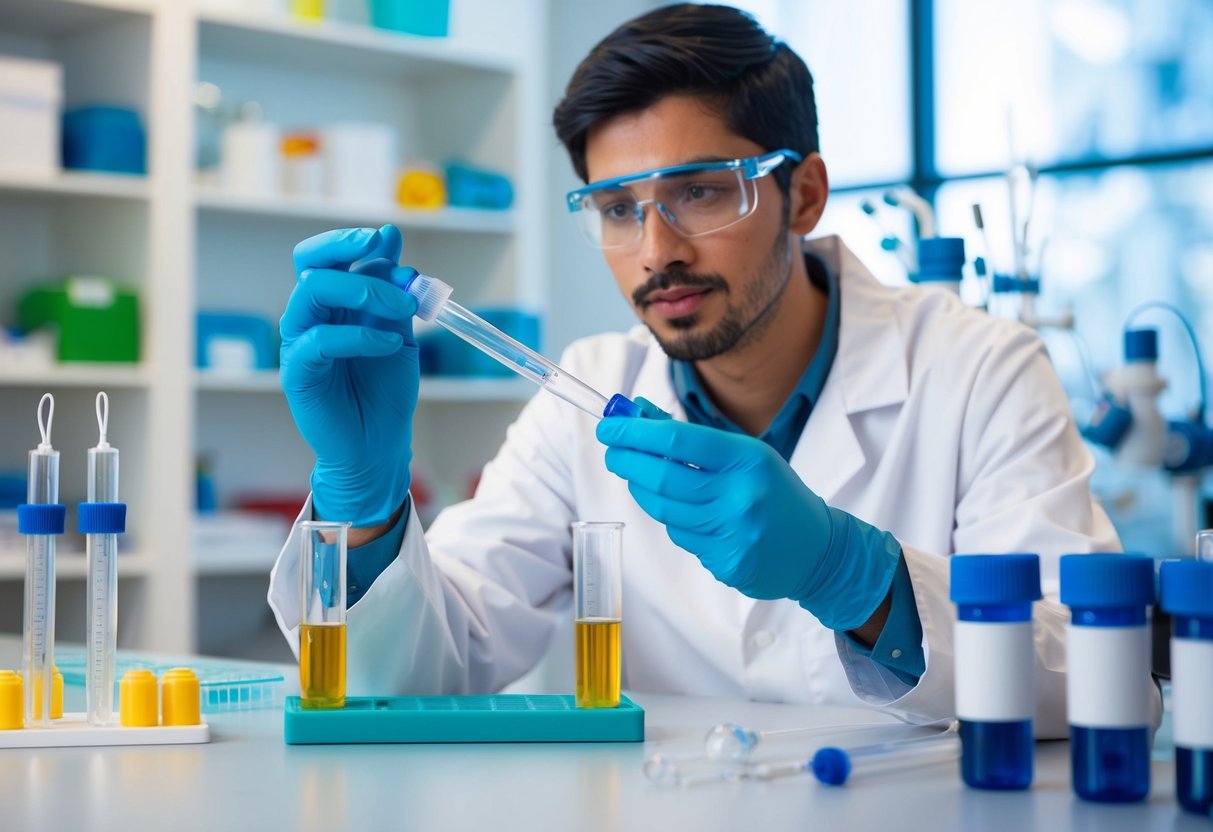 A laboratory setting with a scientist conducting experiments on GLP-1 receptor agonism in Type 2 diabetes, with test tubes, pipettes, and scientific equipment