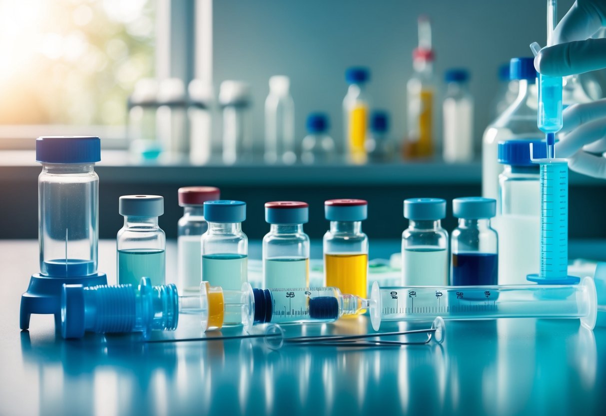 A laboratory table with various vials, syringes, and scientific equipment used for the comparative analysis of GLP-1 receptor agonists