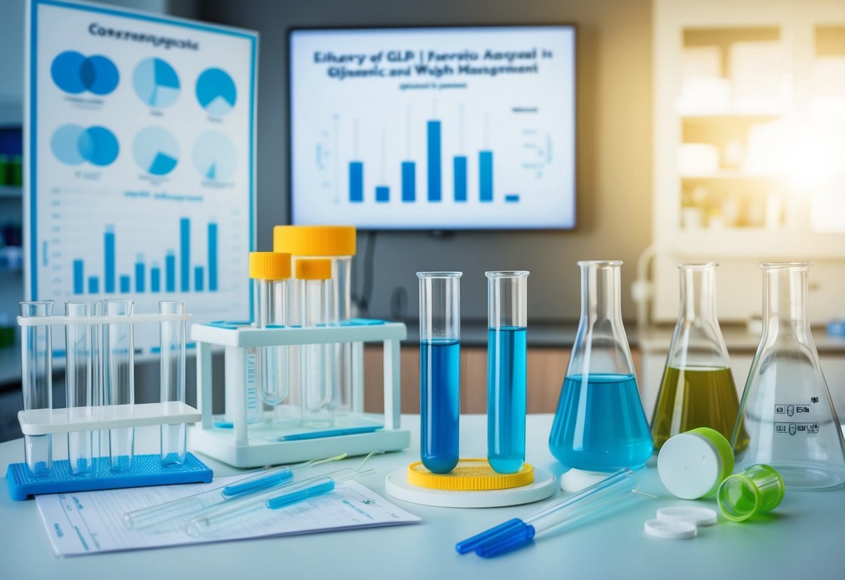 A laboratory setting with test tubes, beakers, and scientific equipment, surrounded by charts and graphs comparing the efficacy of GLP-1 receptor agonists in glycemic and weight management