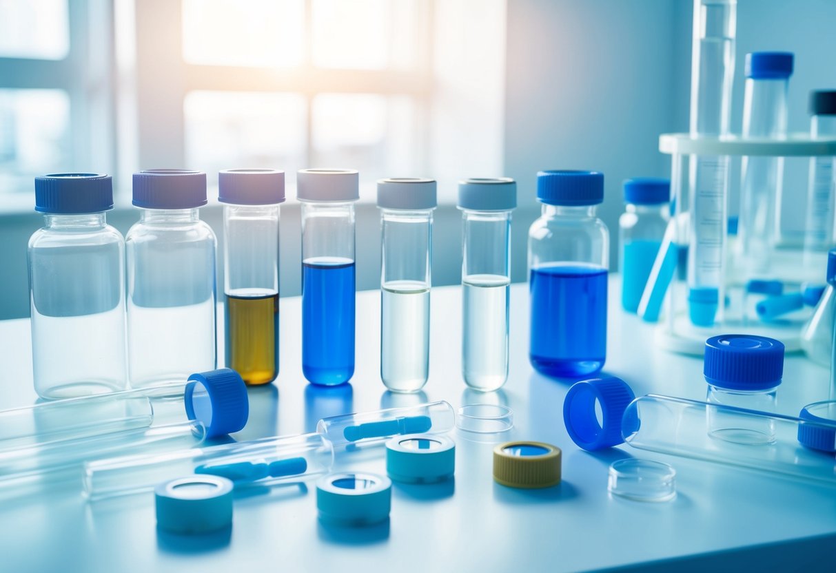 A laboratory setting with various vials, test tubes, and scientific equipment arranged on a clean, white surface for comparative effectiveness analysis of GLP-1 receptor agonists