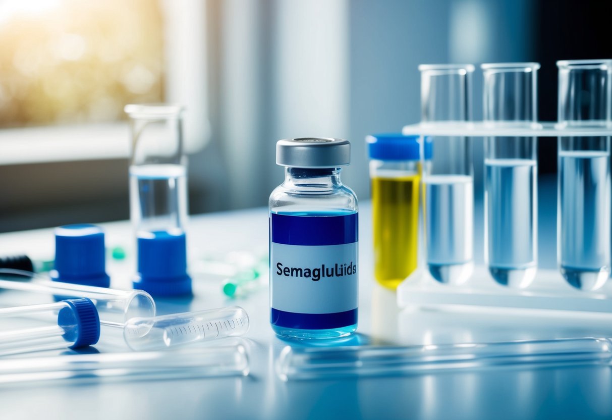 A vial of semaglutide sits on a laboratory bench surrounded by test tubes and scientific equipment