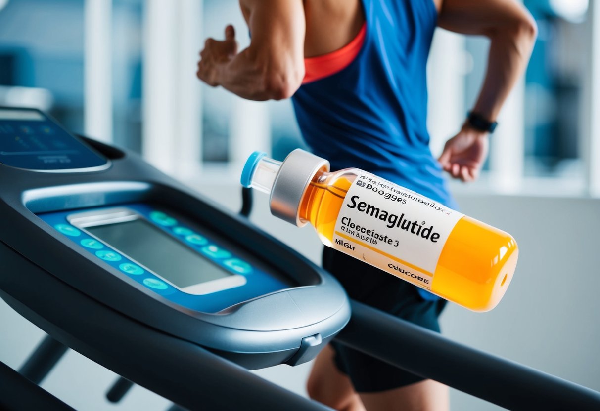 A person jogging on a treadmill with a glucose monitor and a vial of semaglutide in the foreground