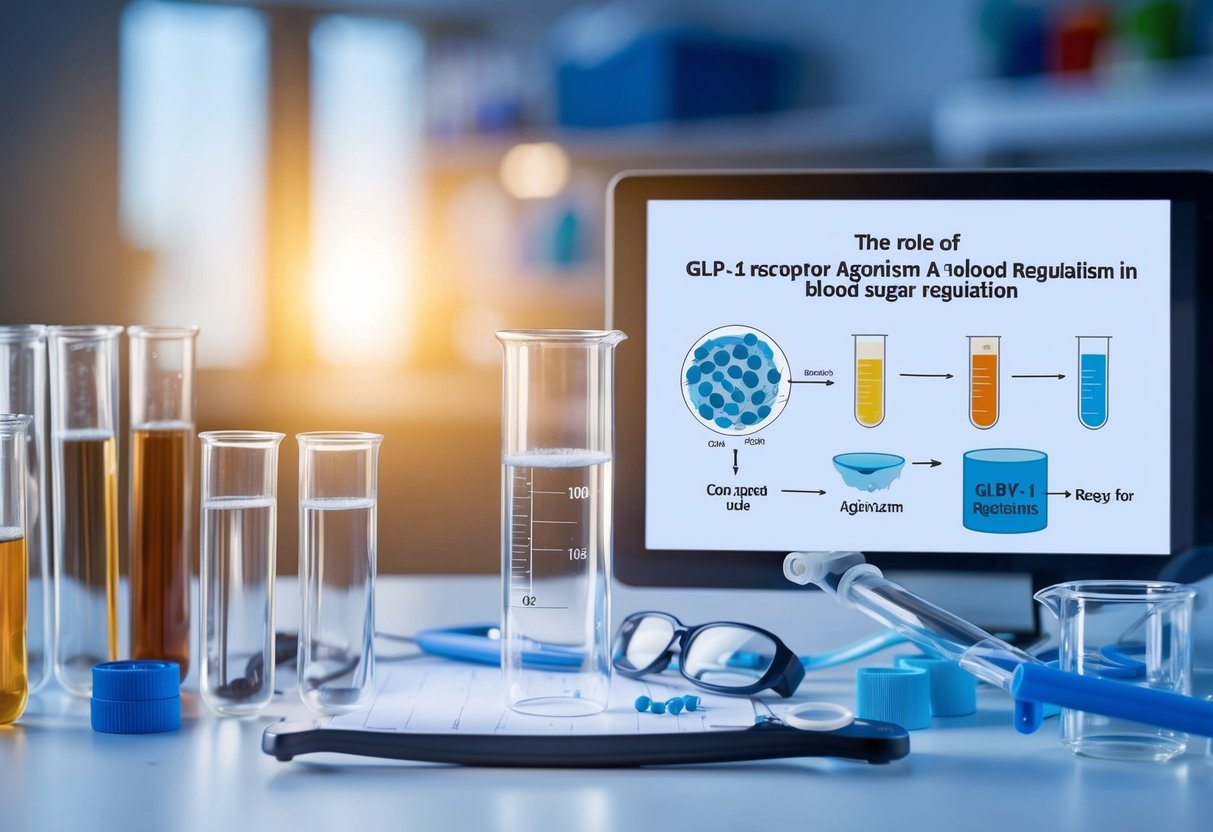 A laboratory setting with test tubes, beakers, and scientific equipment, with a focus on a diagram or model illustrating the role of GLP-1 receptor agonism in blood sugar regulation