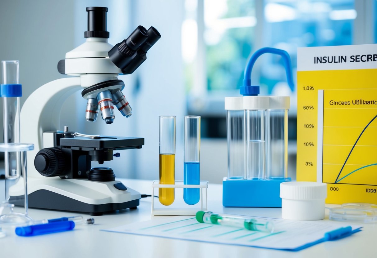 A laboratory setting with test tubes, a microscope, and scientific equipment. Graphs and charts show insulin secretion and glucose utilization data