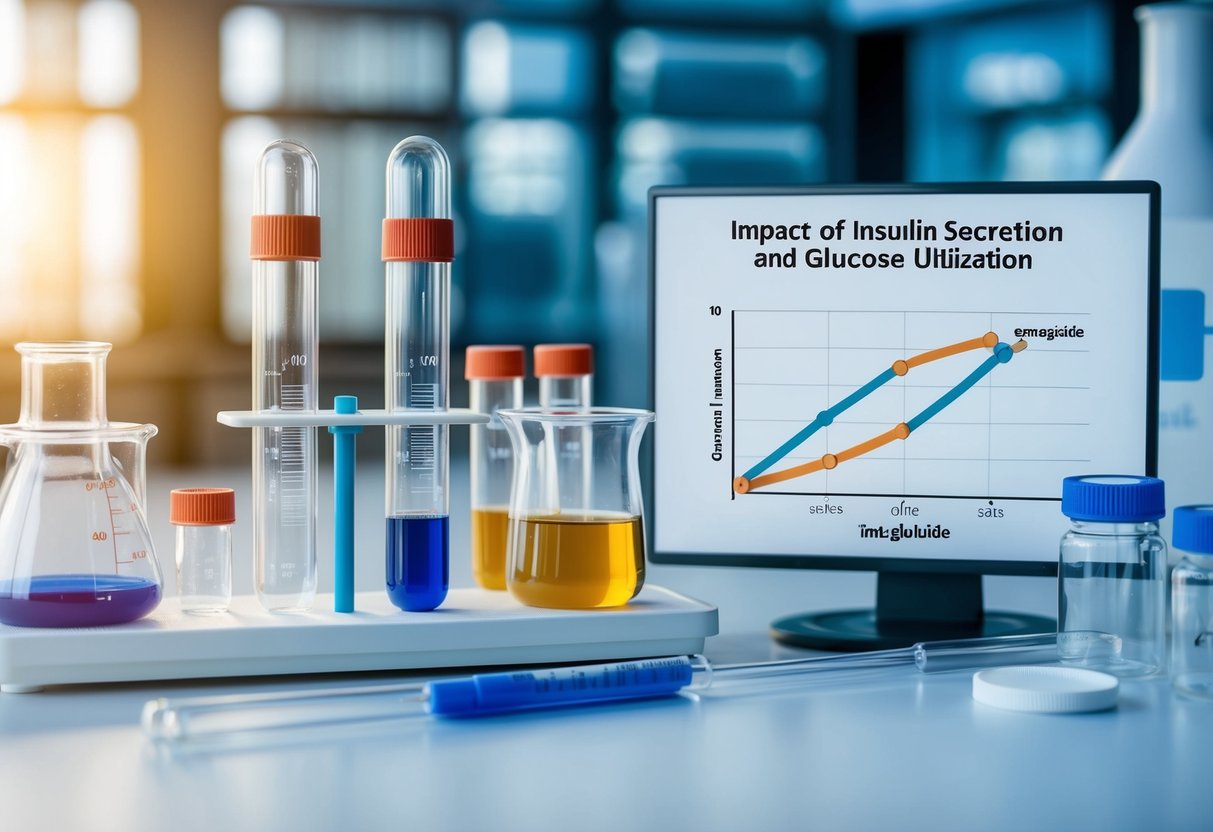 A laboratory setting with test tubes, beakers, and scientific equipment, with a focus on a graph showing the impact of semaglutide on insulin secretion and glucose utilization