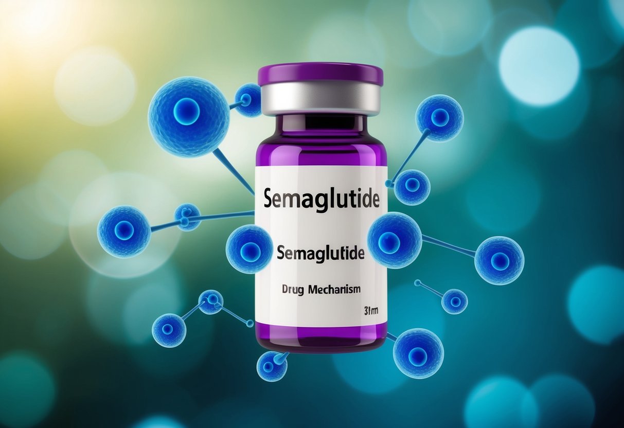 A vial of semaglutide surrounded by glucose molecules being regulated by the drug's mechanism