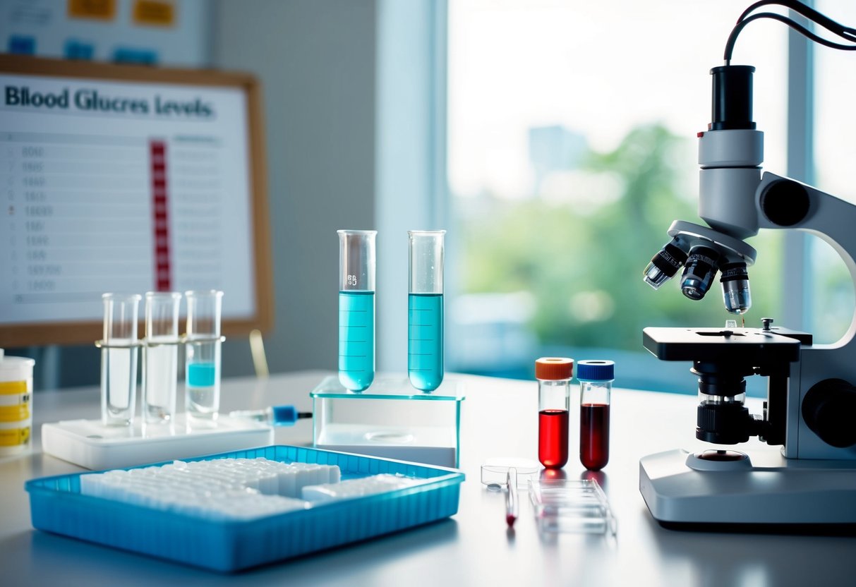 A laboratory setting with test tubes, microscopes, and charts showing blood glucose levels