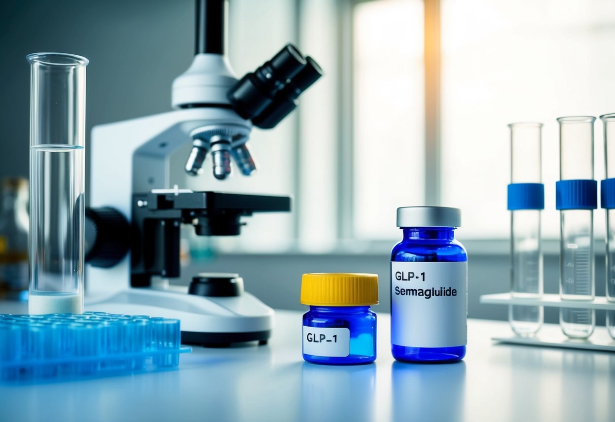 A laboratory setting with test tubes, a microscope, and scientific equipment, with a focus on a molecular model of GLP-1 and a vial of semaglutide