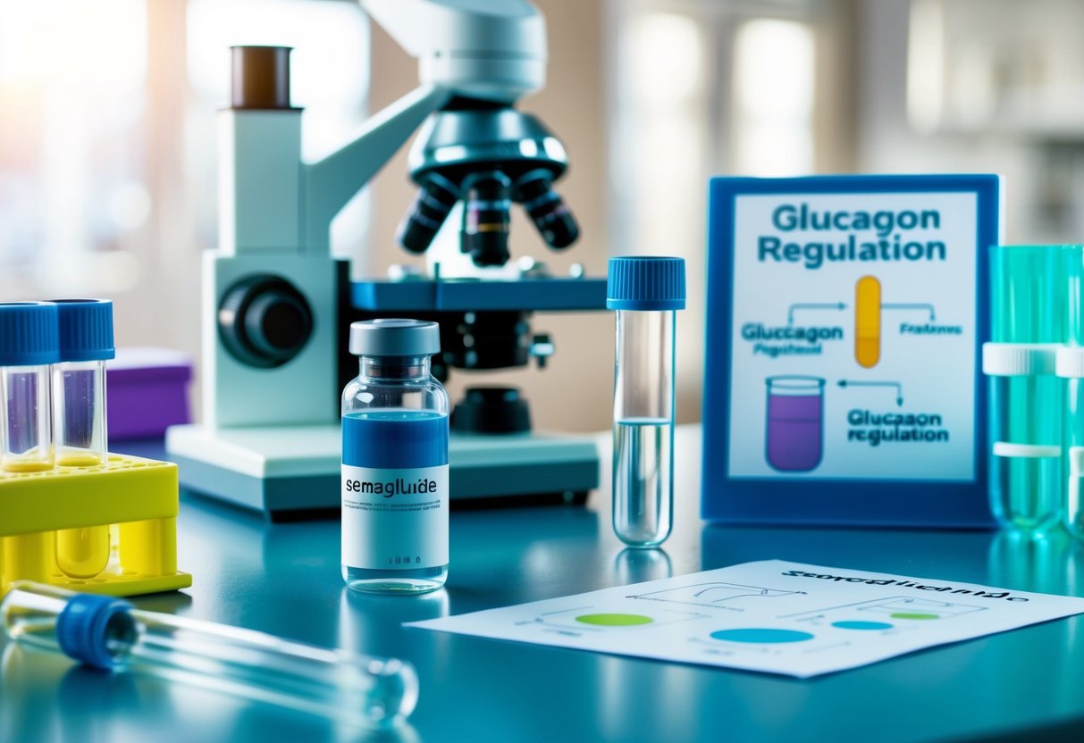 A laboratory setting with test tubes, microscopes, and scientific equipment. A vial of semaglutide and a diagram of glucagon regulation are displayed