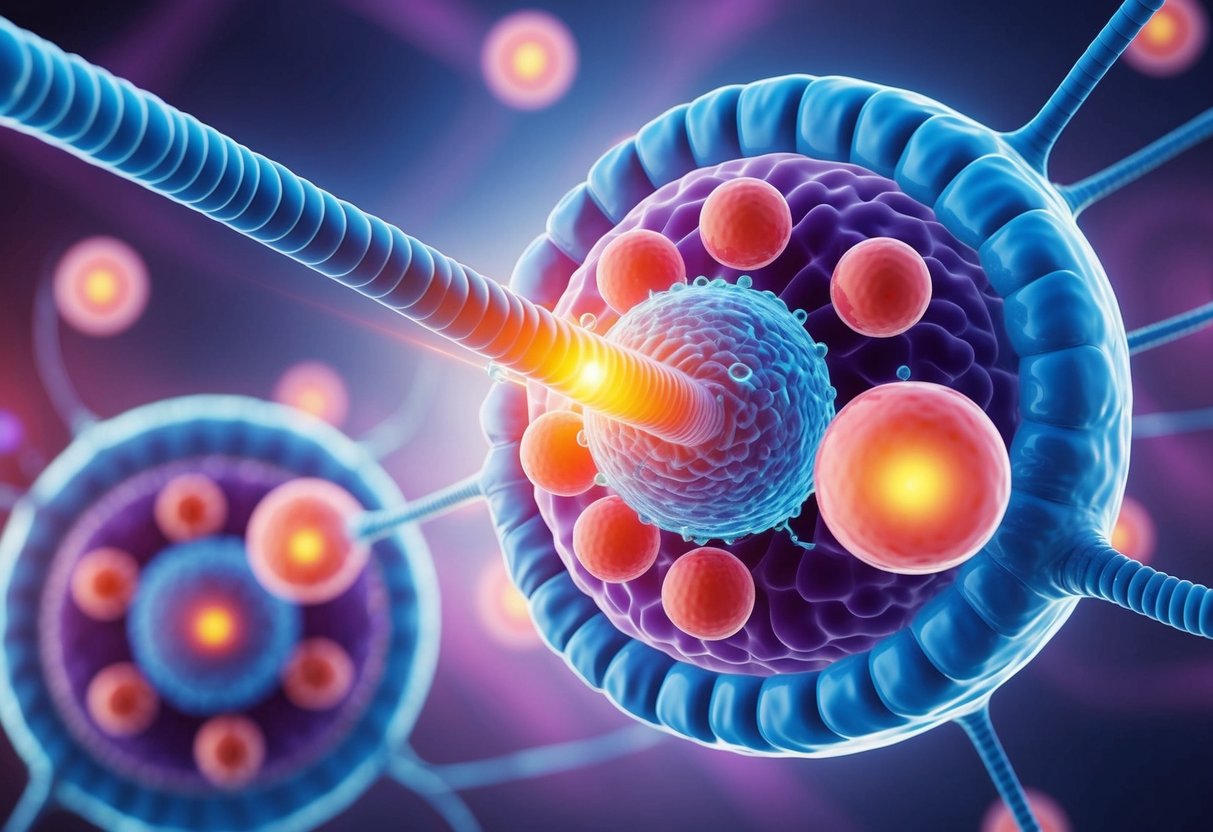 A detailed illustration of semaglutide binding to its target receptor on a cell membrane, triggering the activation of intracellular signaling pathways related to glucose metabolism