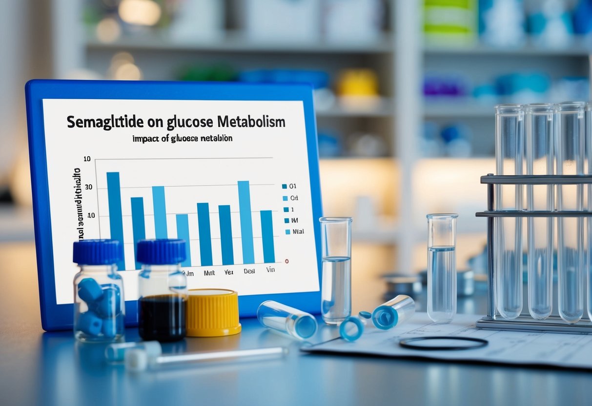 A laboratory setting with test tubes, vials, and scientific equipment, with a focus on a graph showing the impact of semaglutide on glucose metabolism