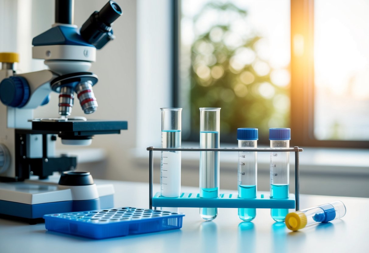 A laboratory setting with test tubes and a microscope, showing the process of blood sugar regulation with Semaglutide