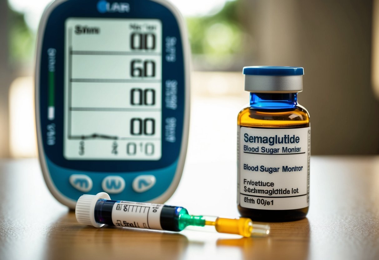 A vial of semaglutide next to a blood sugar monitor, with a graph showing levels before and after treatment