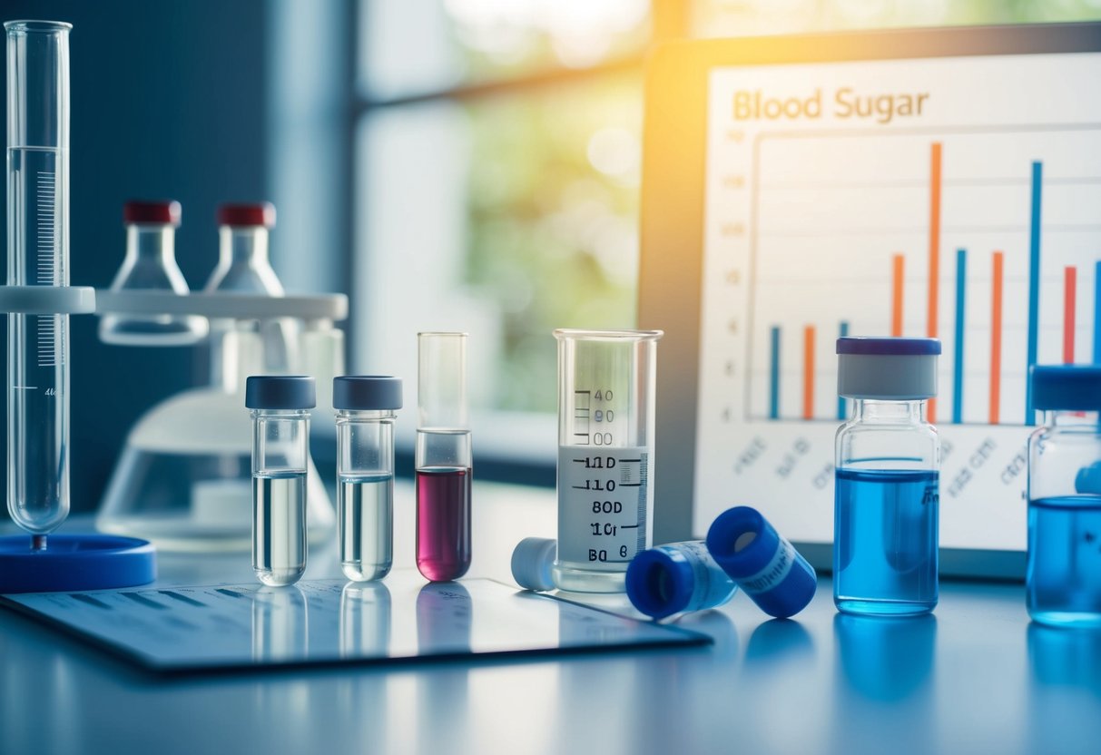 A laboratory setting with vials, test tubes, and scientific equipment, with a focus on a graph showing blood sugar levels fluctuating