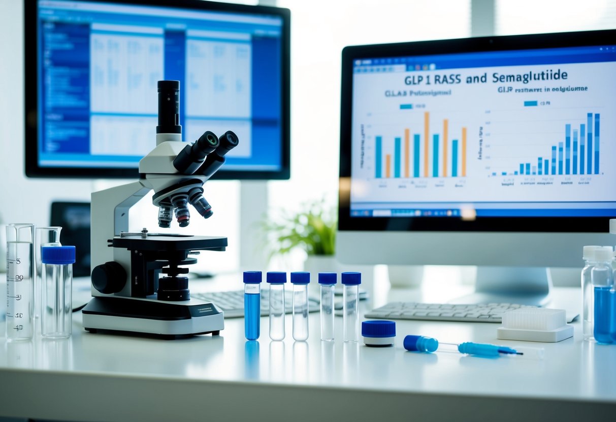 A lab setting with vials, test tubes, and scientific equipment arranged on a clean, white surface. A microscope and computer screen display data charts related to GLP-1 RAs and semaglutide mechanisms