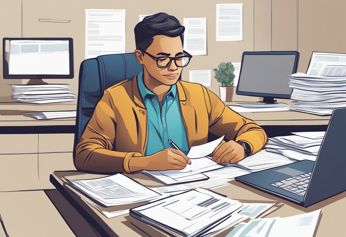 A person sitting at a desk, surrounded by paperwork and a computer, filling out forms and researching government grants and bonds for their RDSP