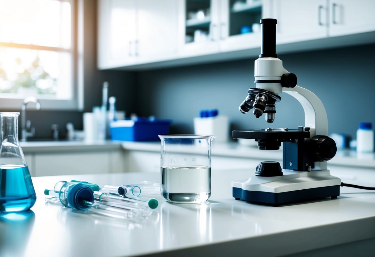 A laboratory setting with a beaker filled with a clear liquid, a microscope, and various scientific instruments arranged on a clean white countertop