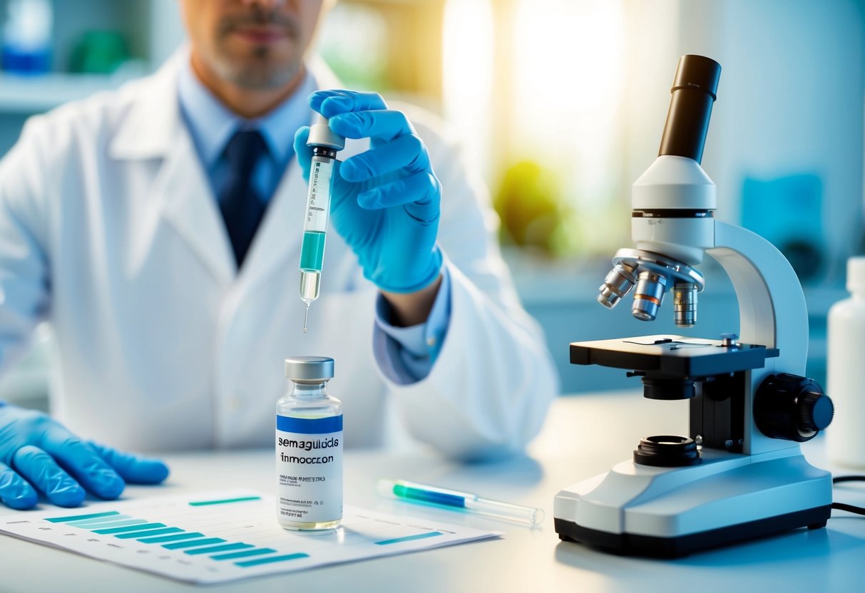 A laboratory setting with a vial of semaglutide, a microscope, and charts showing glucose levels