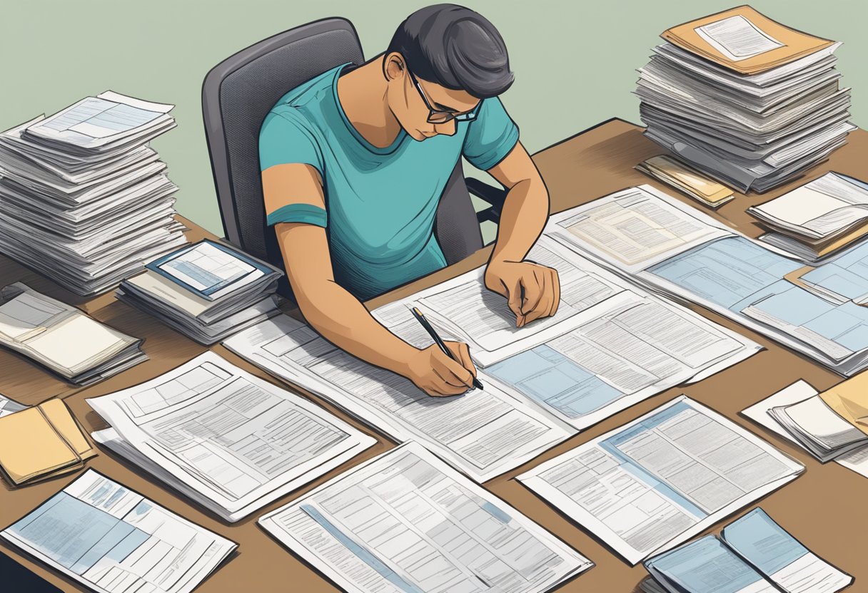 A person researching and filling out paperwork at a desk, surrounded by government grant and bond application forms and informational brochures