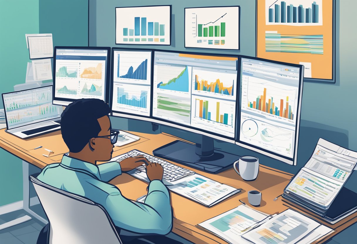 A person sitting at a desk, surrounded by paperwork and a computer, researching investment choices for their RDSP. Graphs and charts are displayed on the computer screen