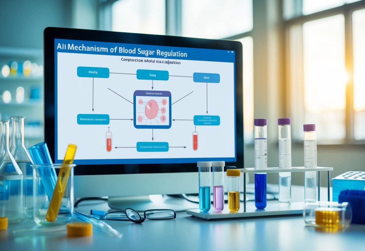 A laboratory setting with vials, test tubes, and scientific equipment. A diagram of the mechanism of blood sugar regulation displayed on a computer screen