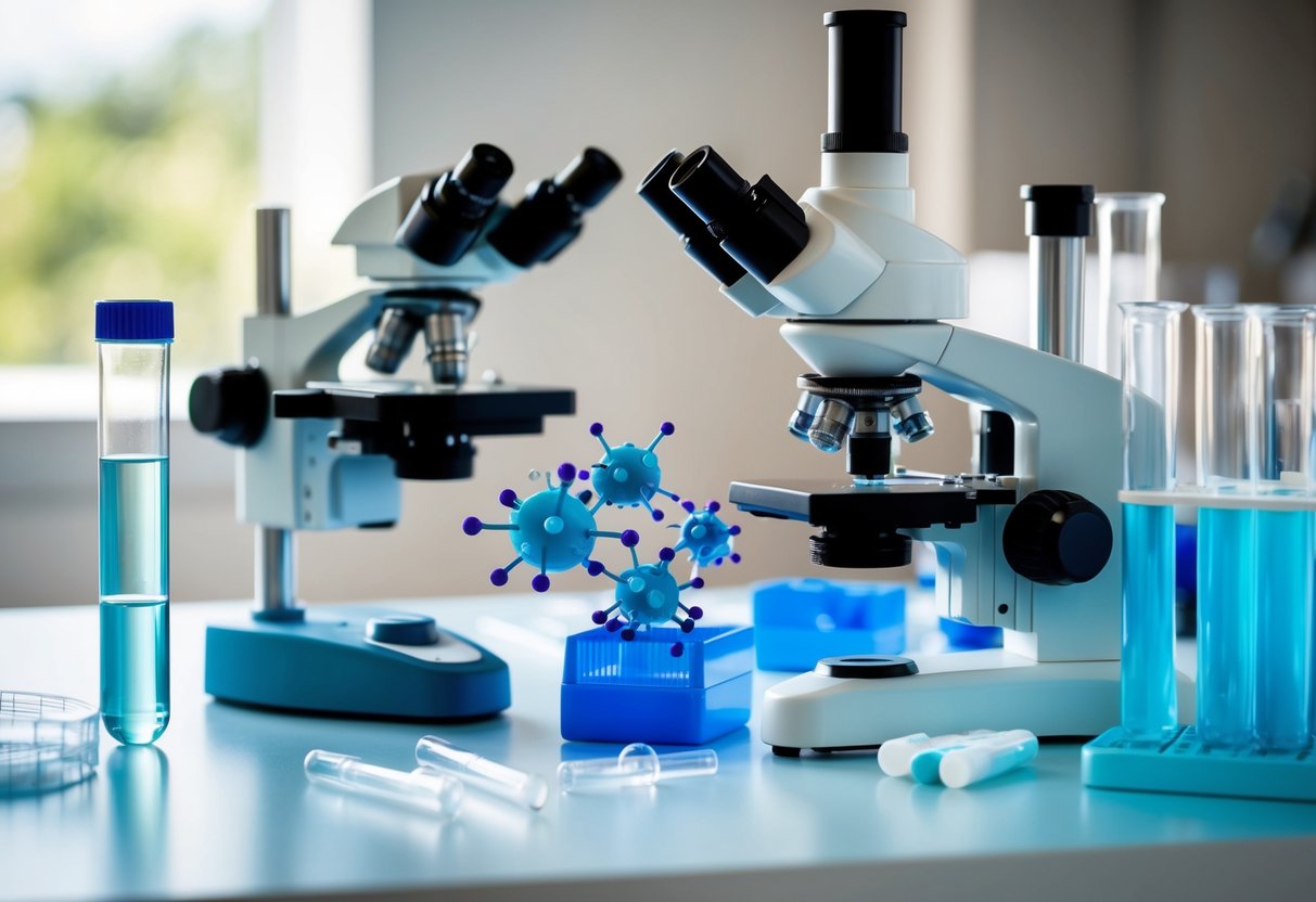 A laboratory setting with test tubes, microscopes, and scientific equipment, with a focus on a molecular model of semaglutide interacting with blood sugar molecules