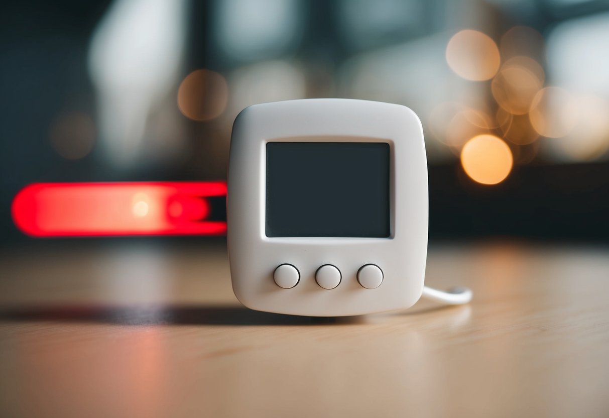 A thermostat with a blank screen and a red warning light illuminated