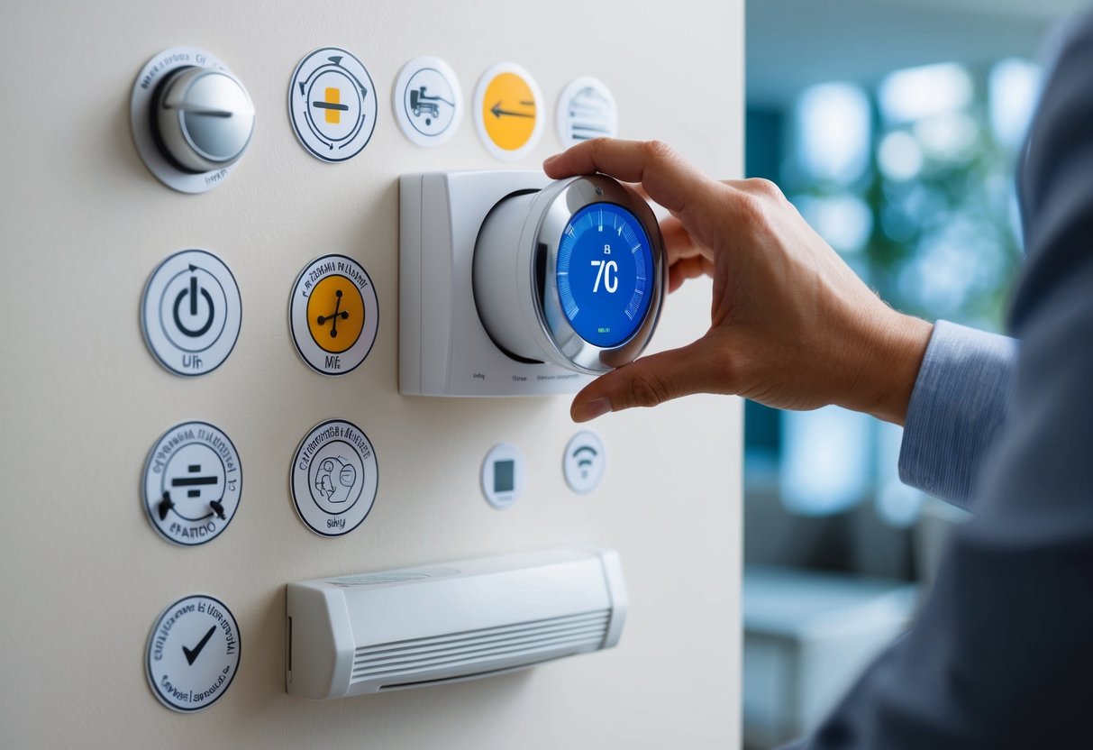 A hand adjusting a thermostat on the wall, with various symbols and indicators showing different common problems and solutions