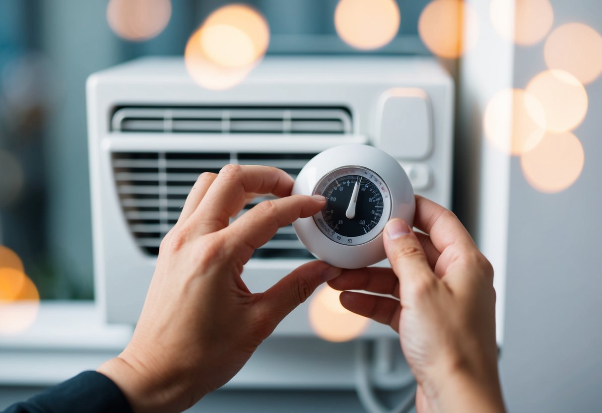 A hand adjusting a thermostat with an air conditioning unit in the background