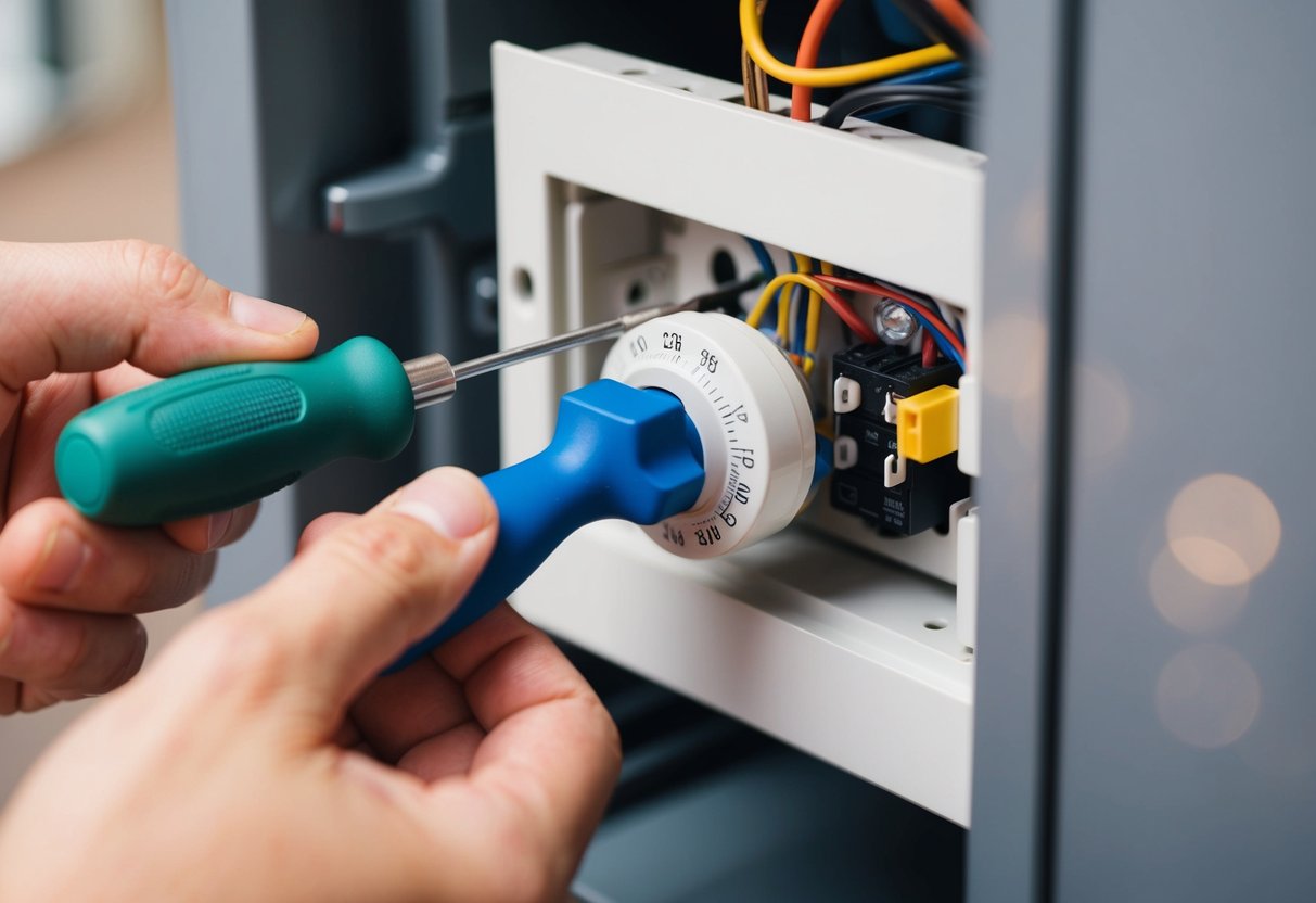 A person using a screwdriver to open the thermostat panel, checking the wiring and connections inside