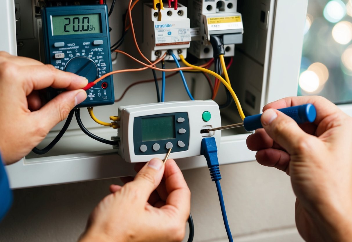 A person using a screwdriver to open the thermostat panel, checking wires and connections with a multimeter, and adjusting settings on the control board