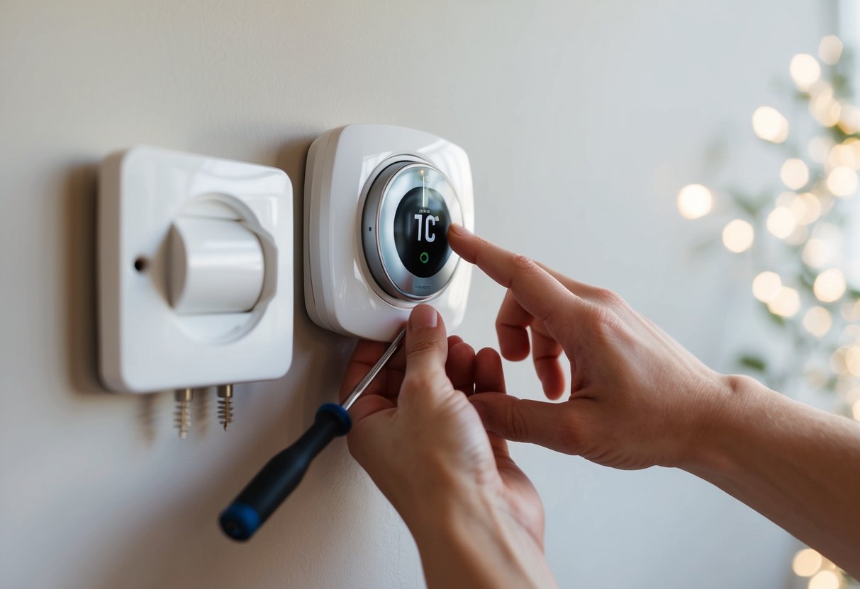 A hand reaching for a thermostat mounted on a wall, with a screwdriver and a new thermostat nearby