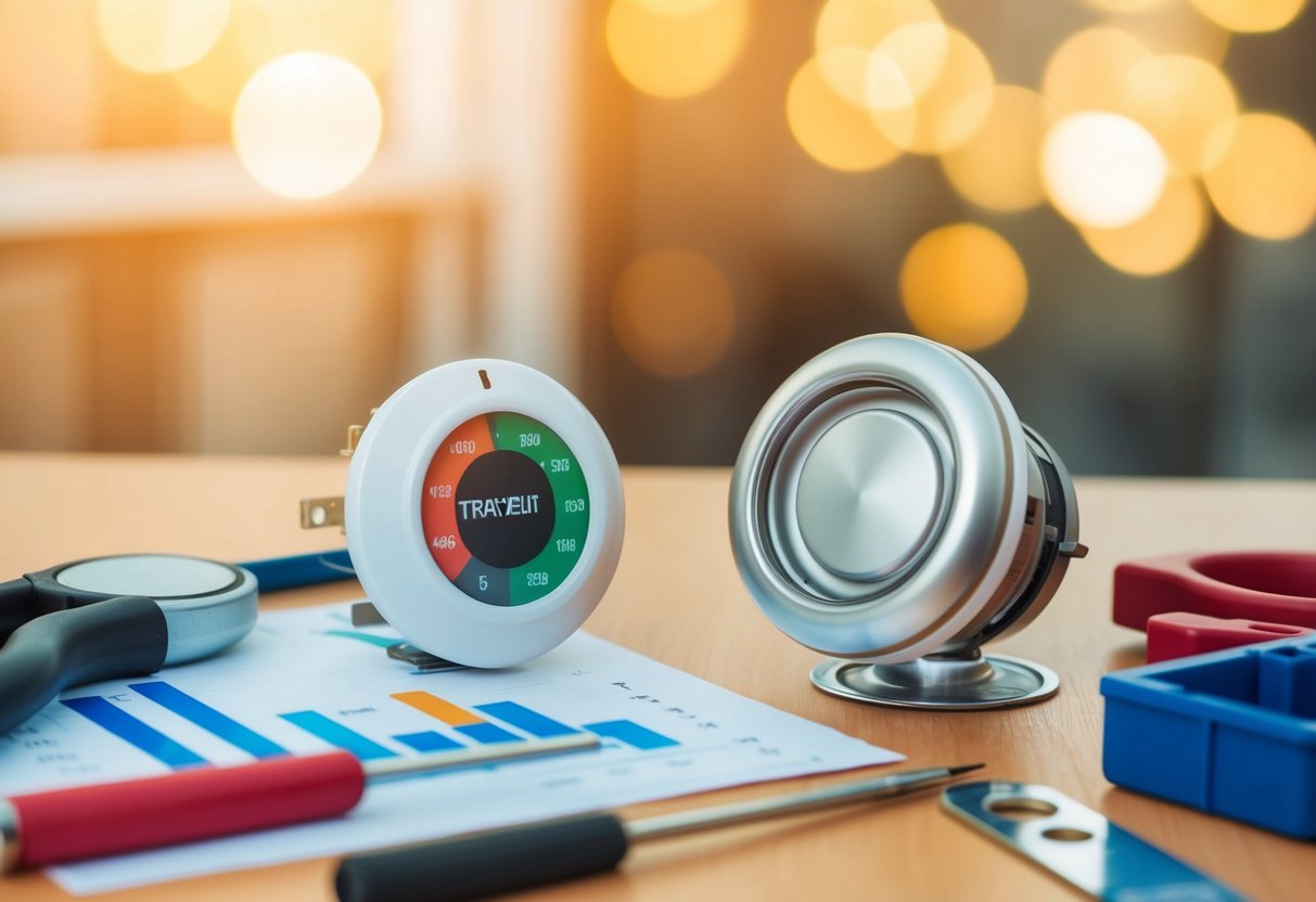 A broken thermostat sits next to a brand new replacement, surrounded by tools and a cost-benefit analysis chart