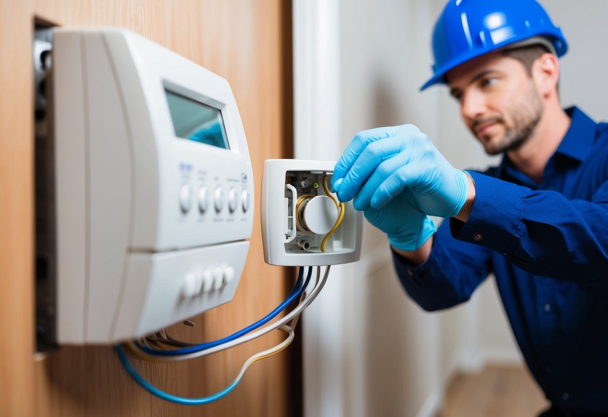 A broken thermostat being replaced with a new one, with a technician showcasing the advantages of replacement and long-term savings