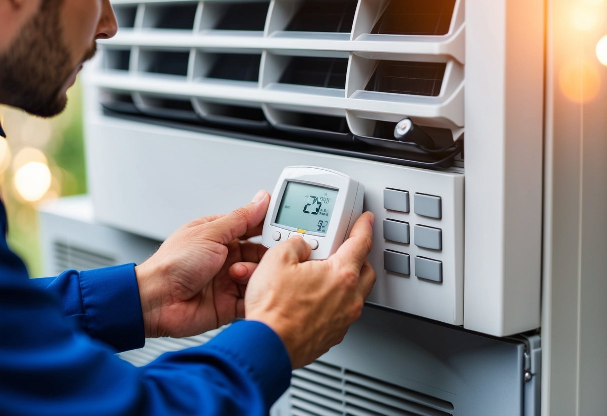 A technician adjusting thermostat settings on an air conditioner unit with various buttons and dials