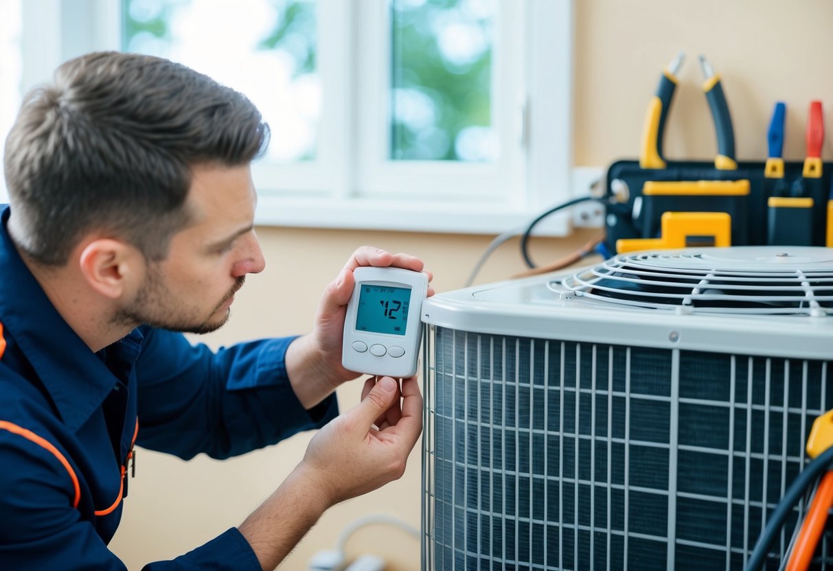 A technician examining a malfunctioning thermostat next to an air conditioner unit, surrounded by diagnostic tools and equipment