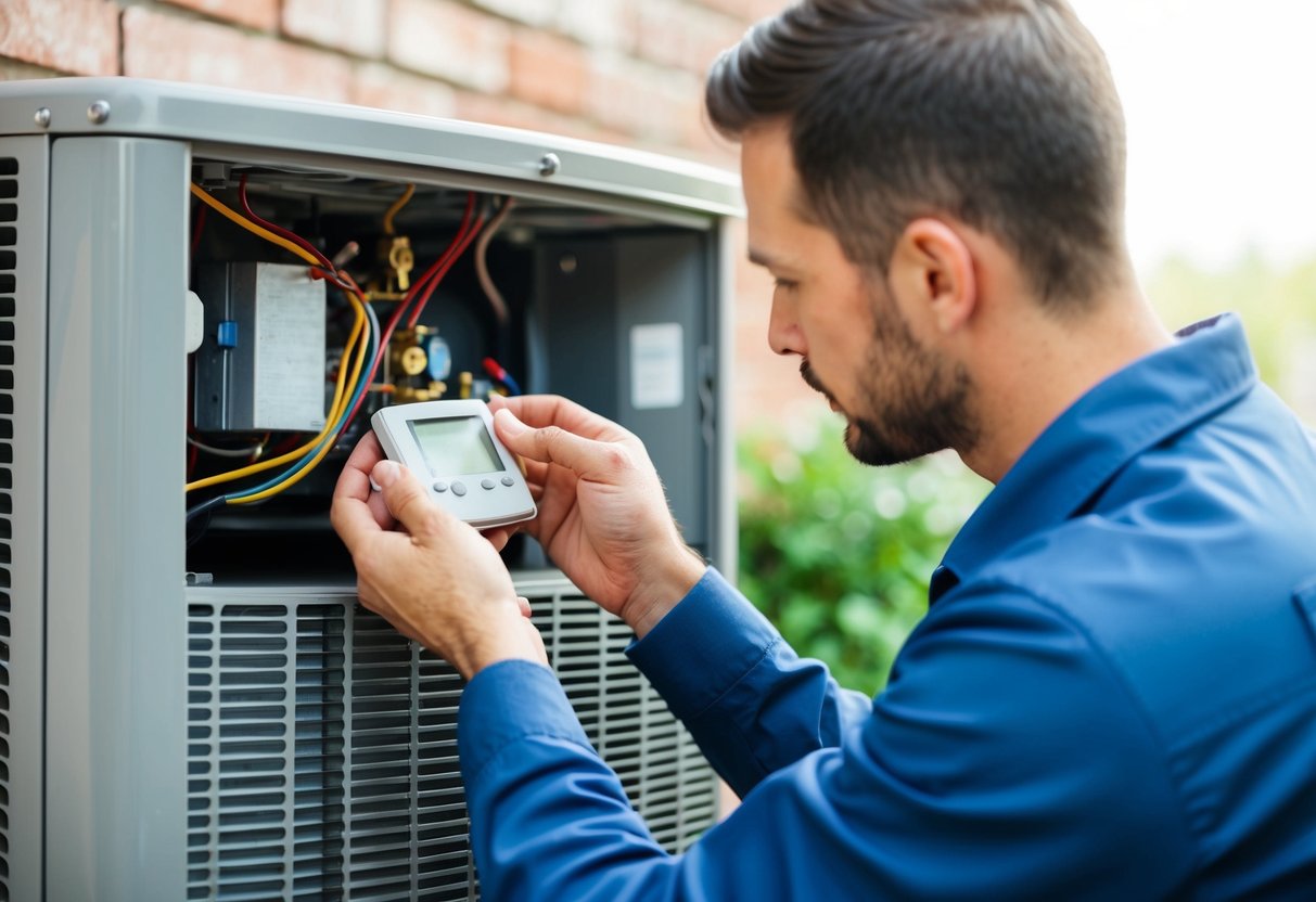 A technician repairing a thermostat on an air conditioning unit