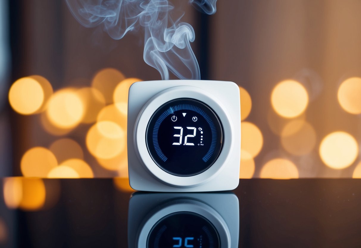 A thermostat with a cracked display, emitting smoke, while the air conditioning system blows warm air