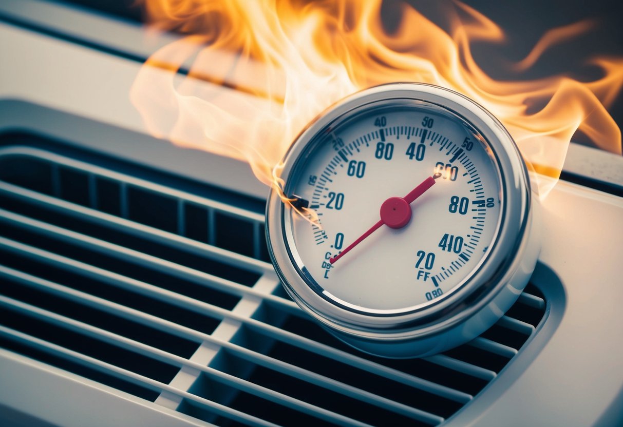 A thermostat with a crack in the casing, surrounded by hot air blowing from an air conditioning vent, while the temperature gauge fluctuates rapidly