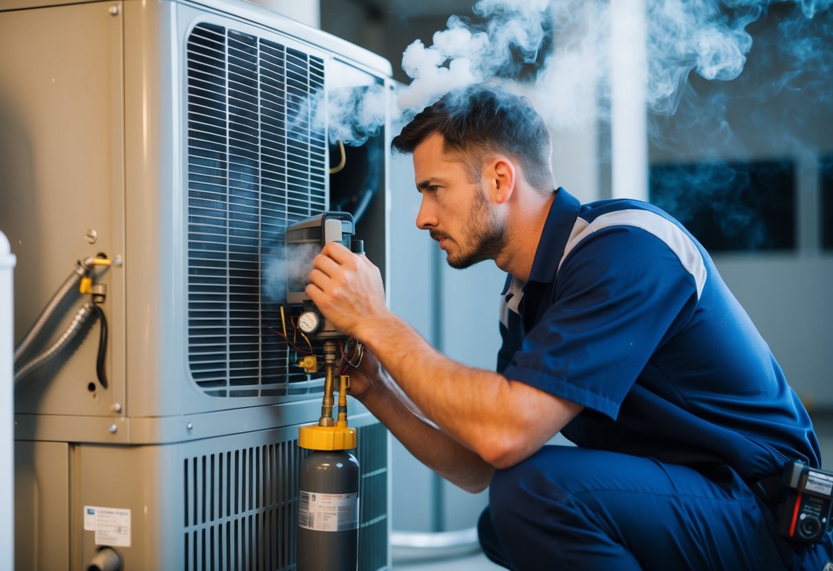 A technician examining an air conditioner unit with smoke coming out of it, while checking the compressor for signs of wear and tear