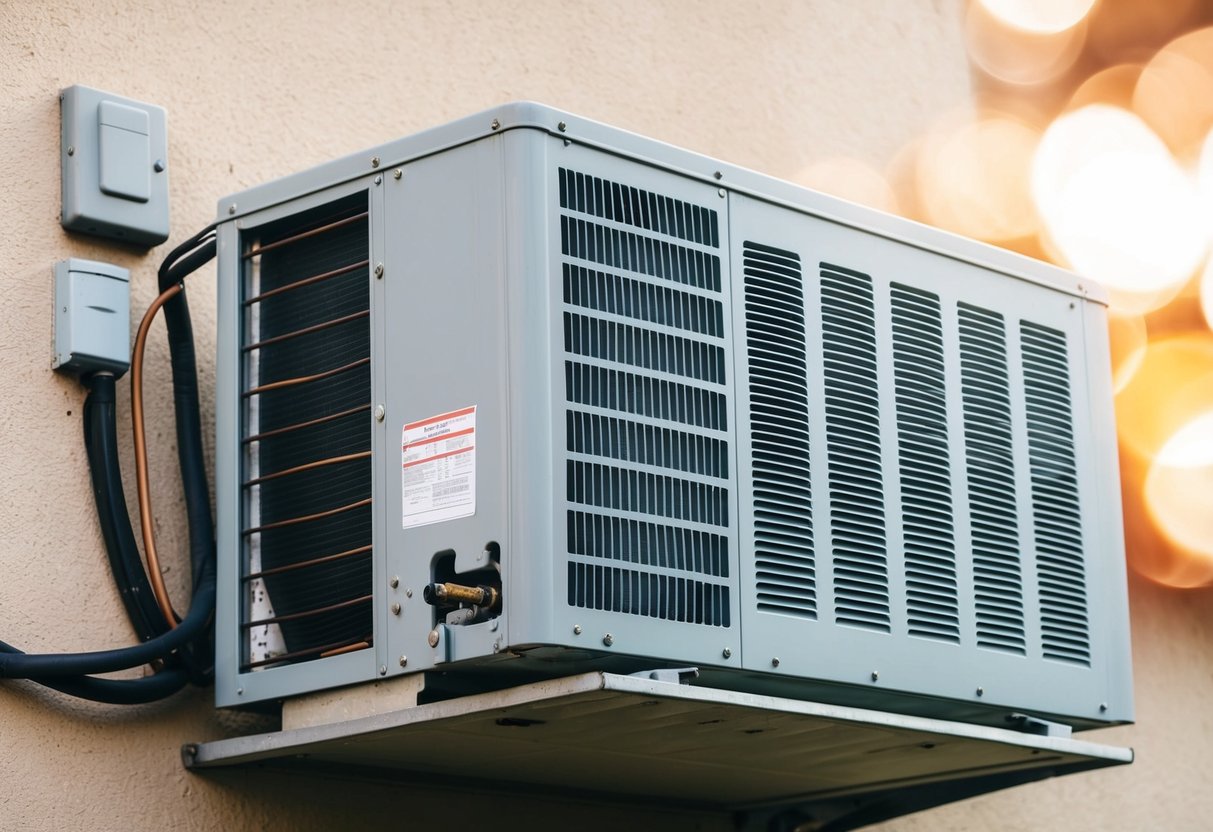 An air conditioner with visible signs of overheating and a damaged compressor unit