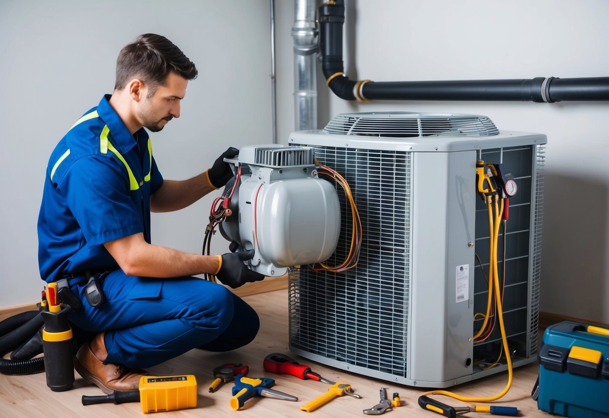 A technician replacing a compressor in an air conditioner unit, surrounded by various tools and equipment, with the unit partially disassembled