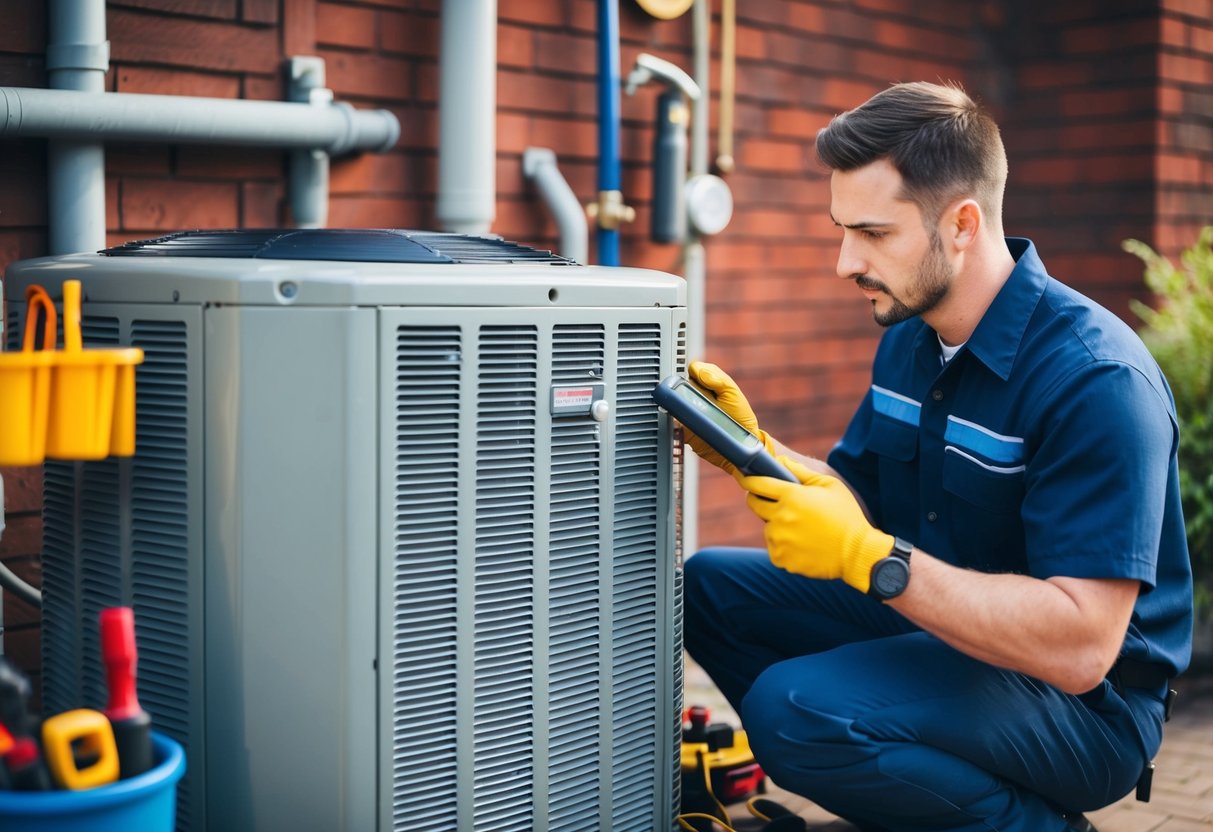 A technician examining an air conditioner unit, surrounded by various tools and replacement parts