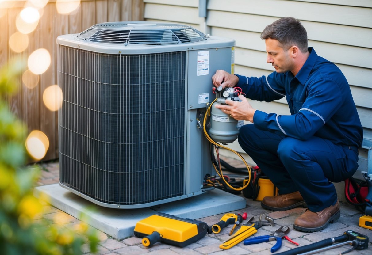 A technician replacing a compressor in an outdoor air conditioning unit, surrounded by various tools and equipment