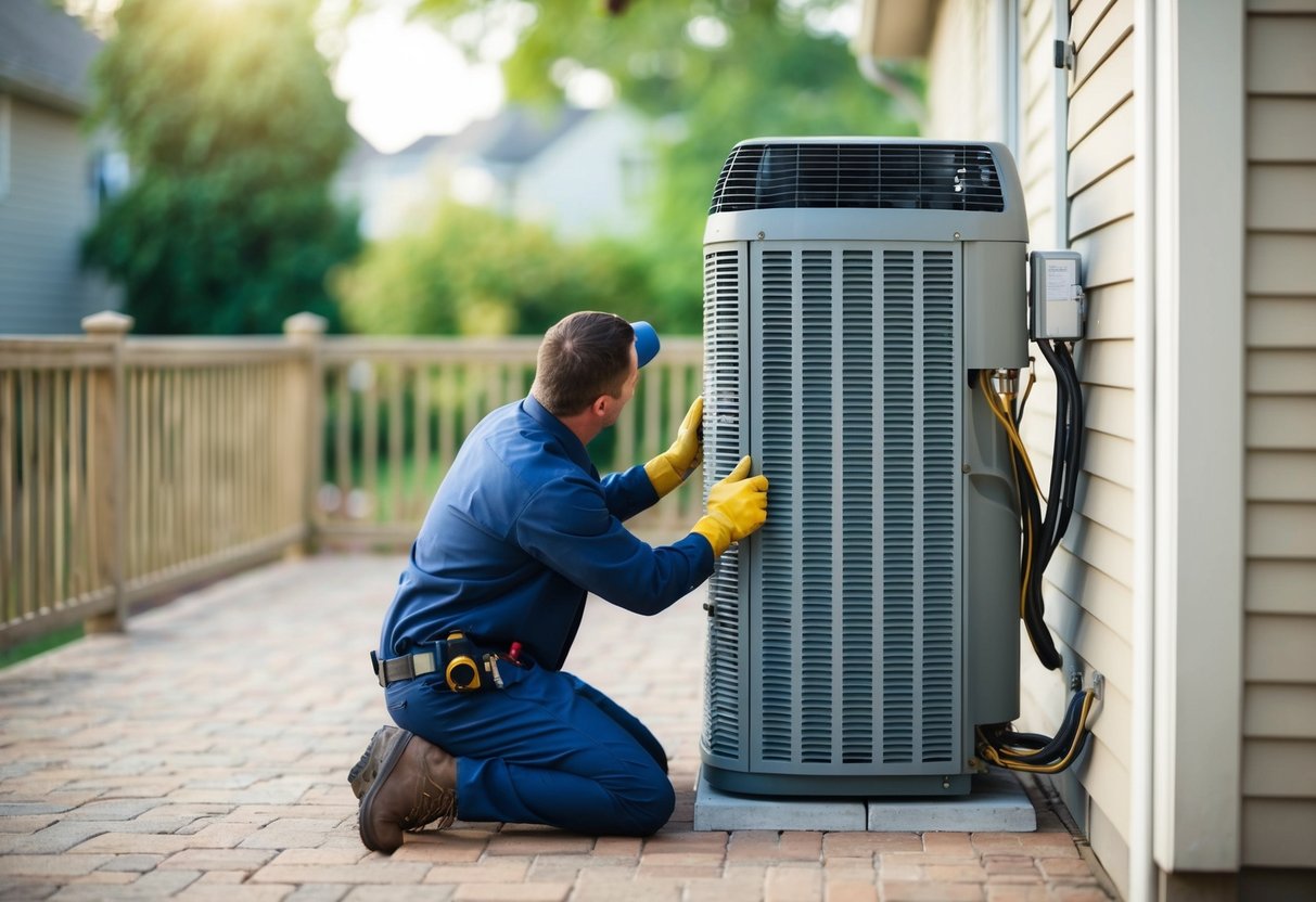 A person installing a new air conditioning compressor in a residential setting. The old compressor is being removed while the new one is being positioned for installation