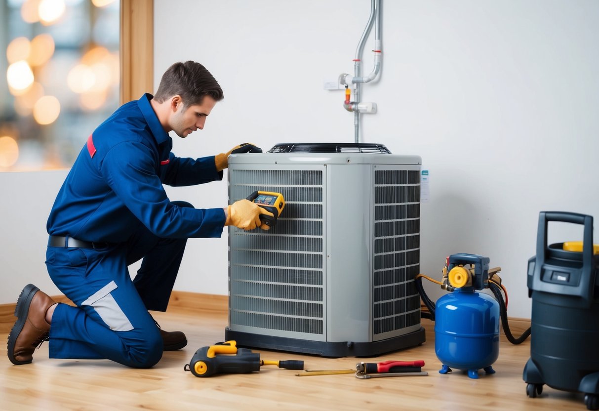 A technician replacing an air conditioner compressor with tools and equipment nearby