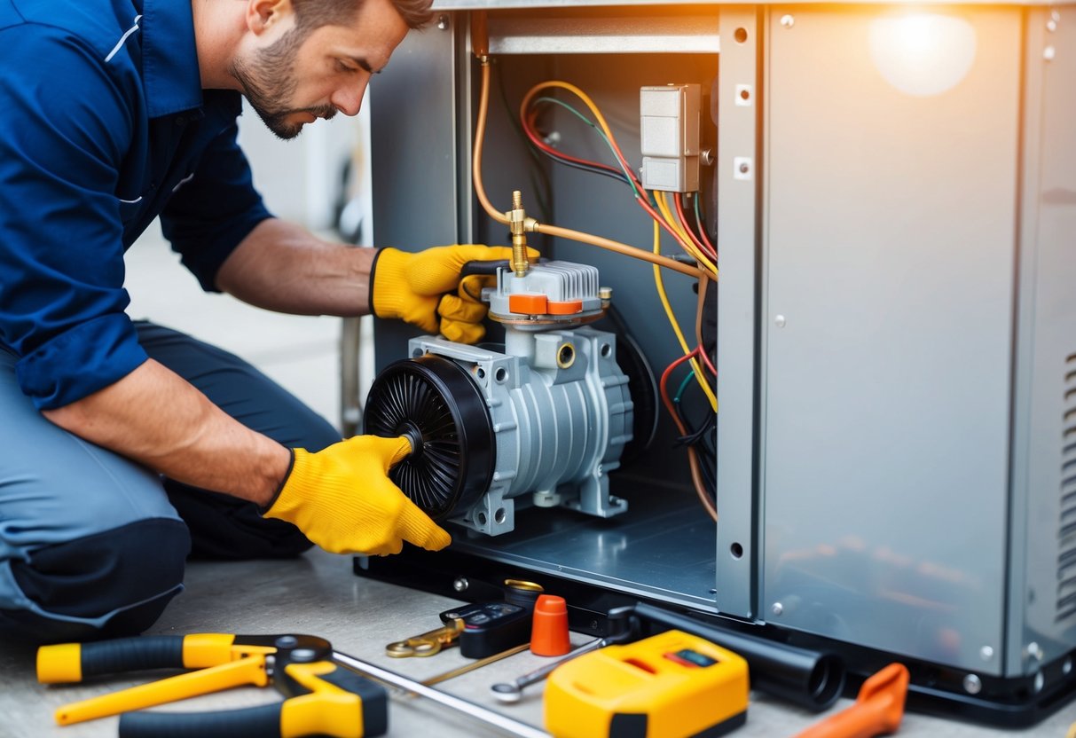 A technician installing a high-efficiency compressor into an air conditioning unit, surrounded by tools and equipment