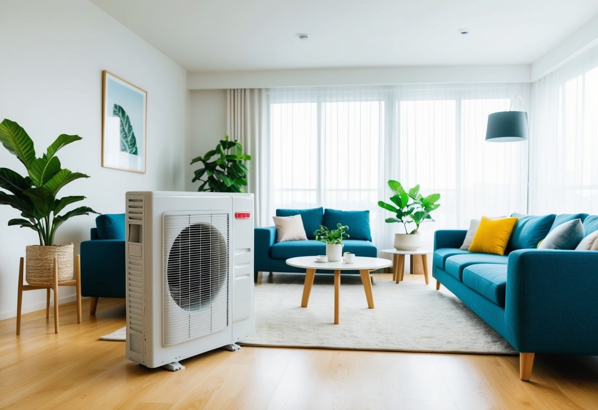 A bright and airy living room with a modern air conditioner unit installed, surrounded by comfortable furniture and plants